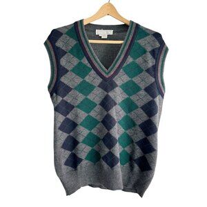 Vintage 90s Tricots St Raphael Men's Sz L Gray & Blue Wool Argyle Sweater Vest
